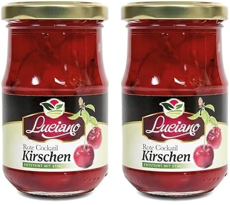 Luciano Cocktail Kirschen 125g - Maraschino Cocktailkirsche ohne Kern Sauerkirschen im Glas mit Stiel eingelegt in Sirup (Packung mit 2)