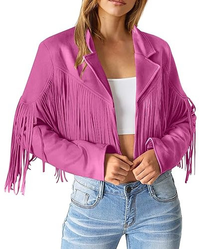 Veste de moto courte à franges en daim synthétique pour femme - Grande taille, A3 rose vif., S