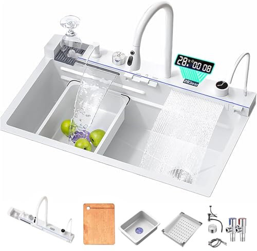 Fregadero de cocina Multifuncional, fregadero digital en cascada con lava tazas, dispensador de jabón, flujo de agua en cascada, drenaje en encimera. (Blanco, 85x46x21CM)