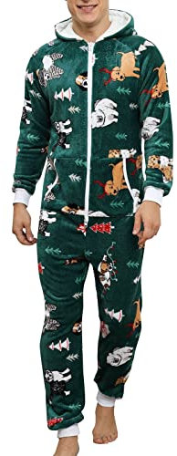 YOSUWOAI Tutina natalizia da uomo, in flanella, in pile, per la casa, alla moda, a maniche lunghe, pigiama intero invernale, imbottito, termico, per la casa, biancheria da notte, O verde, L