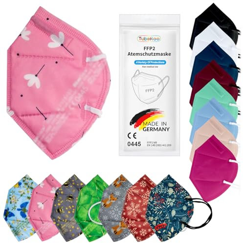 TubeRoo FFP2 Maske Pink Rosa, Weiße Blüten Motiv Muster 20 Stück Masken aus Deutschland, Made in Germany, weiche runde Ohrschlaufen Bänder, Atemschutzmaske, Mundschutz, Schutzmaske, Staubmaske
