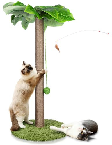 Masthome Griffoir pour Chats, 85 Cm Poteau Chat, Colonne en Sisal Naturel et Base de Couverture en Moquette Douce avec Boule Suspendue, Griffoir pour Chats de Tous âGes - Vert