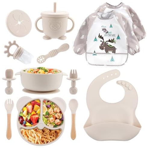 Feelhap Assiette Bebe, Coffret Repas Bebe Silicone 13 Pièces, Vaisselle Antiderapant pour Bébé Set Silicone avec Ventouse Assiette Bol Fourche Cuillère Bavoir et Tasse Cadeau Grignoteuse Bébé (Beige)