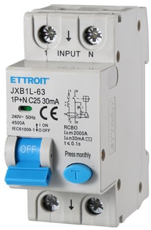 Interruttore magnetotermico differenziale salvavita, 1P+N, occupa 2 moduli DIN, 220V 230V, 25A C25, 30mA, 6KA 6000A, RCBO