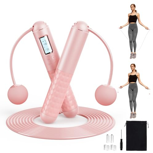 Tuocal Cordes à sauter sans fil pour adultes, corde à sauter sans corde avec compteur numérique intelligent, corde à sauter lestée sans fil avec corde supplémentaire et sac de rangement pour fitness