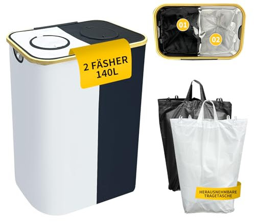 140L Pfandflaschen Sammelbehälter mit Deckel & XXL Tragetaschen Flaschensammler für Leergut & Altglas 2 Fächer Mülleimer Recycling Behälter Falten Organizer für Küche Plastikflasche Dosen Glasflasche