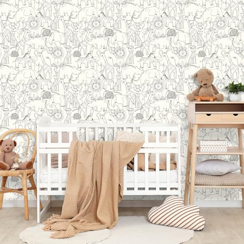 Livelynine Black and Beige Wallpaper Hand Drawn Animal Wallpaper for Children's Bedroom Nursery 44.5CMx7M Cream Beige Kids Wall Paper Cartoon Zoo Patterned Vinyl Wrap for Furniture Cupboards Cabinets