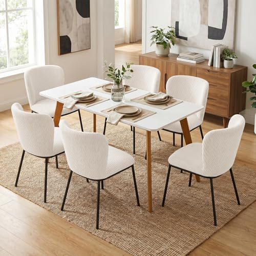 Nizzenithal Gepolsterte Küchenstühle 6er-Set, Mid Century Modern Esszimmerstühle Cord, Beige