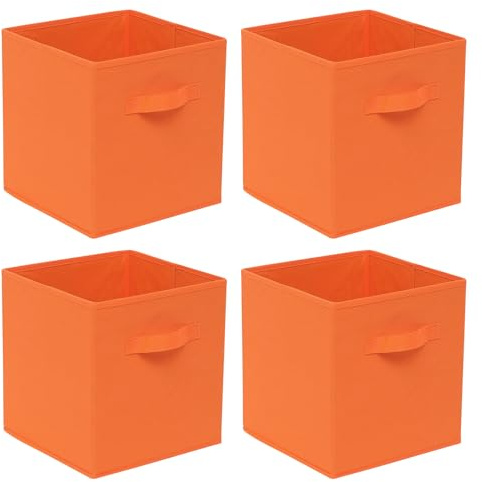2 PCS Folding Collapsible Storage Cube Boxes for Kids Toy Clothes with Handle, Foldable Kids Canvas Unit Cube Organiser Basket Bin for Nursery Children Bedroom Wardrobe (Orange, Pack of 4)