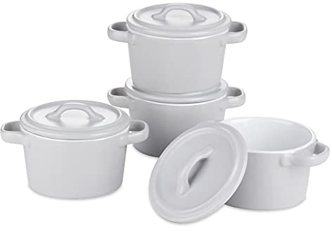 DYHWAC 4-Piece 300ML Small Ceramic Ramekins Baking Plate Dish with Lid,Mini Round Porcelain Casserole Souffle Dish Set