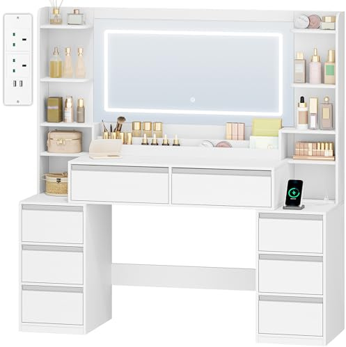 HEXCELEN 135 cm Dressing Table with Mirror, Vanity Desk, Adjustable 3-Colour LED Lights, Dressing Table with Plug, Hairdryer Holder, 8 Drawers, Open Storage Spaces, Modern, White-Silver