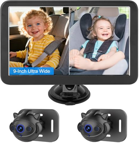 Pretfy Baby Car Monitor with Camera, 9 Inch, Dual Channel Night Vision, Flexible View, Suitable for Children, Toddlers, ABS Package