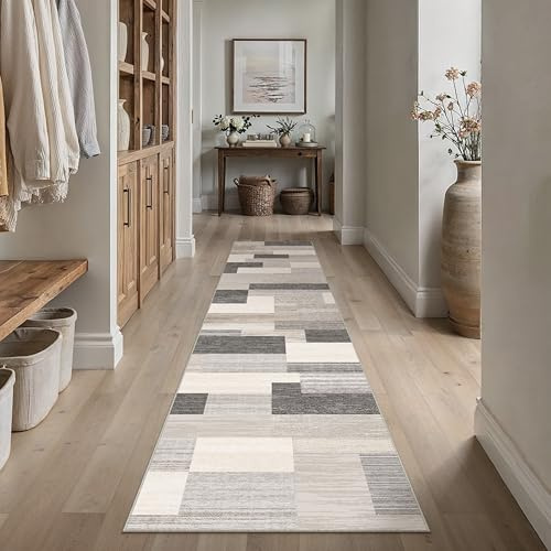 PureCozy Läufer Flur Teppich 60x240cm Beige Waschbar Moderne | Moderner Karo Läufer,Waschbar,Rutschfest,Weich,Kurzflorig,für Flur,Küche,Schlafzimmer,Büro Rug