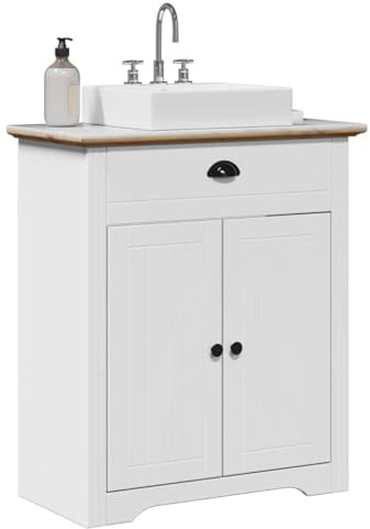 Hoopleep BODO Meuble de lavabo en bois de pin massif, blanc et marron, 70 x 35 x 80 cm, pour rangement de salle de bain, autoportant, moderne