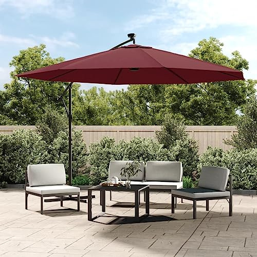 Ampelschirm mit LED-Beleuchtung, Bordeauxrot, 350 cm, UV-beständiger Schattenstoff, robuster Stahl-Mast, Kippfunktion, Kurbel, Sonnenschutz für Garten Terrasse Balkon, Markise