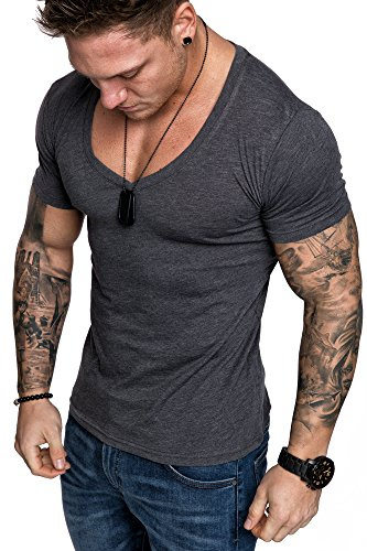 Amaci&Sons Oversize Herren Slim-Fit V-Neck Basic T-Shirt V-Ausschnitt 1-0006 Anthrazit Melange M