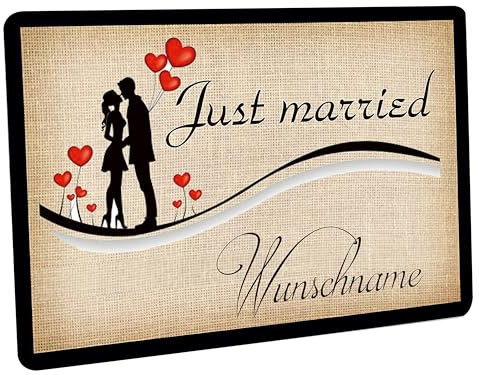 Crealuxe Fussmatte 'Wunschtext/Wunschname Just Married - Paar mit Herzluftballons ' personalisiert, Fußabtreter, Fußabstreifer für die Haustür, Fußmatte rutschfest