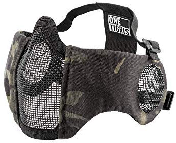 OneTigris 6 Foldable Half Face Airsoft Mesh Mask with Ear Protection, Military Tactical Lower Face Protective Mask (Camo Black)