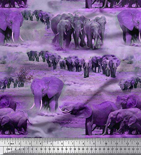 Soimoi Lila Poly Georgette Stoff Baum & Elefant Tier gedruckt Craft Fabric 1 Meter 42 Zoll breit