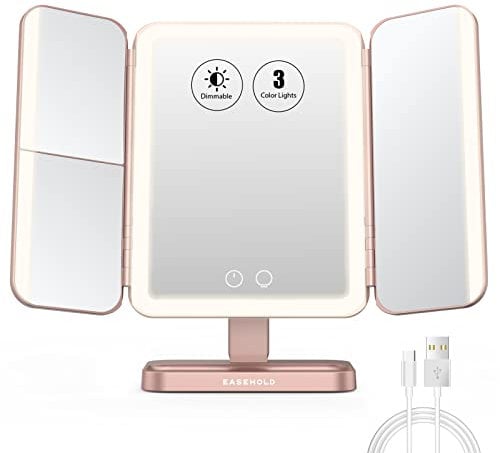 EASEHOLD Vanity Makeup Mirror 116 Led Lights,5000mAh Rechargeable,Adjustable 3 Color Lighting Modes, 2x/3x/10x Magnifying, 180° & 90° Rotation for Countertop Cosmetic, Rose Gold