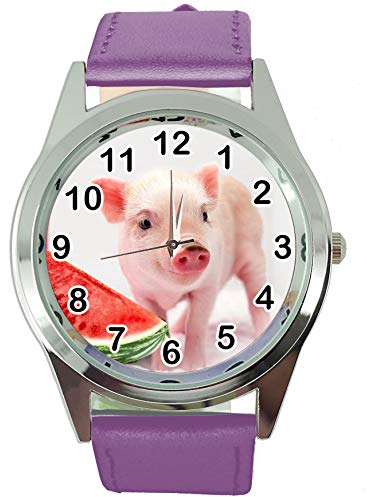 TAPORT® Armbanduhr Analog Quarz mit Echtlederband violett rund für Ferkel Babe Fans