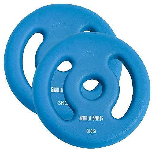 GORILLA SPORTS® Neopren-Hantelscheiben 2er-Set, 1–5 kg, 30/31 mm, Griffe | Gusseisenkern mit Neoprenbeschichtung, bodenschonend, langlebig und rutschfest; Gewichtsscheiben, Hantelscheiben-Set