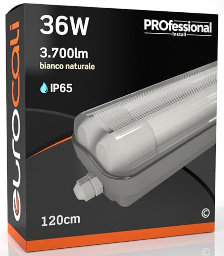 Eurocali 1x Plafoniera IP65 Impermeabile 36W Trasparente 3700 Lumen + 2 Tubi LED 120cm - Luce Bianco Naturale 4000K