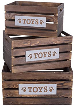 Brown Paw Print Dog Toys Chest Storage Collection Box Wooden Crates Gift Hampers (Set)