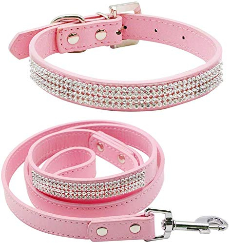 Petsoigné Hundeleine und Hundehalsband Leder mit Strass Lederleine und Halsband für Kleine und Mittlere Hunde (M)