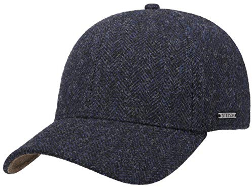 Stetson Plano Wool Cap Herren - Baseballcap mit Schirmunterseite aus Leder- Herrencap Herringbone Design - Kappe mit Baumwollfutter - Basecap Herbst/Winter - Wintercap schwarz-blau XXL (62-63 cm)