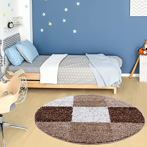 THE RUGS Area Rug – Modern Luxury Shaggy Rug, Multicolour Pattern Carpet, Ultra Soft for Bedroom, Living Room, Kids Room, (120 cm Round, Brown)