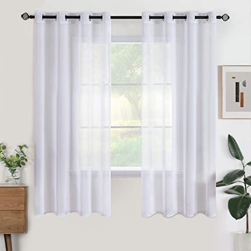 Woaboy Voile Gardinen Kurz Weiss Vorhänge Transparent Wohnzimmer mit Ösen Stores Gardinen Schlafzimmer Ösenvorhang Scheibengardine Schlaufengardinen Modern 2er Set 140x175 cm (B x H) Weiß