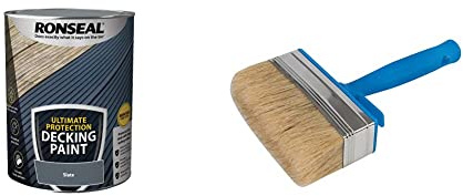 RONSEAL ULTIMATE DECKING PAINT SLATE 5L & Silverline 394974 Block Brush 115 mm / 4-1/2
