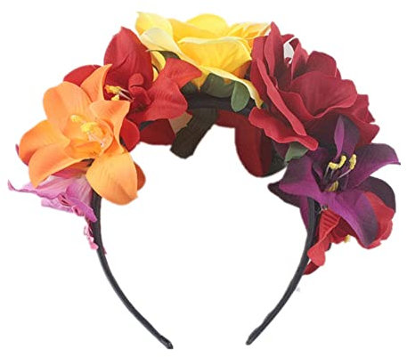 Serre-tête pour femme avec roses artificielles pour le jour des morts - Couronne mexicaine - Pour Halloween - Fausse étamine colorée