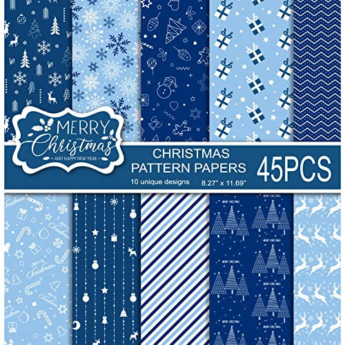 MIAHART 45 Blatt Merry Christmas Pattern Paper Set 10 Designs Festival Dekoratives Bastelpapier doppelseitig für die Kartenherstellung, Scrapbook, A4 Größe-Blau und Weiß