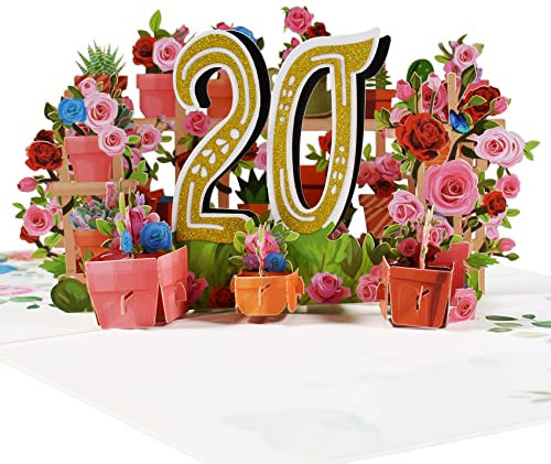 3D Pop-Up Karte zum 20. Geburtstag und 20. Hochzeitstag – Garten-Thema mit Blumen, Schmetterlingen und Goldenen Zahlen – Jubiläumskarte für Freunde, Familie und Paare