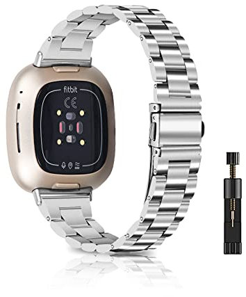 MiKoyi Armband Kompatibel mit Versa 4/Versa 3/Sense 2/Sense Ersatzbänd Edelstahl Metall Armband Herren Damen Uhrenarmband Wasserdicht Verschleißfest Band für Versa/Sense , Silber