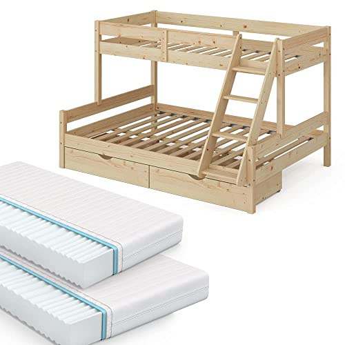 VitaliSpa Etagenbett Everest, Naturholz, 140x200 / 90x200 cm mit 2 Matratzen und 2 Schubkästen