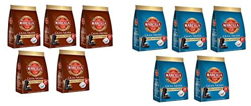 Marcilla Café Extra Fuerte para máquina Senseo - 5 paquetes de 28 monodosis (Total 140 monodosis) & Gran Aroma Descafeinado - [Pack de 5]
