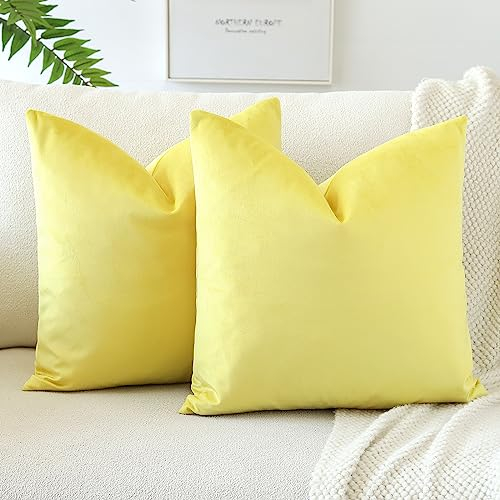 JOTOM Samt Kissenbezug Kissenhülle Sofakissen Dekokissen Kissenbezüge für Sofa Wohnzimmer Schlafzimmer 2er Set 45x45 cm Hellgelb