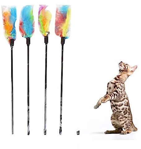 HFYMXNB Gato Pluma,Gato Plumas,a Gato Jugar Solo Juguetes Interior Gatitos,Juguete para Gato con Pluma, Varita con Plumas, 4 Piezas