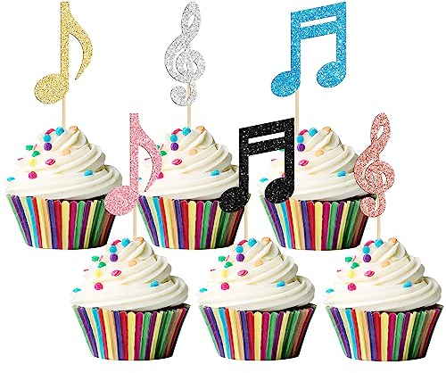 Gyufise 24Pcs Music Notes Cupcake Toppers Glitter Musical Symbol Cupcake Picks for Rock Music Concert Theme Baby Shower Wedding Birthday Party Cake Decorations Supplies Colorful