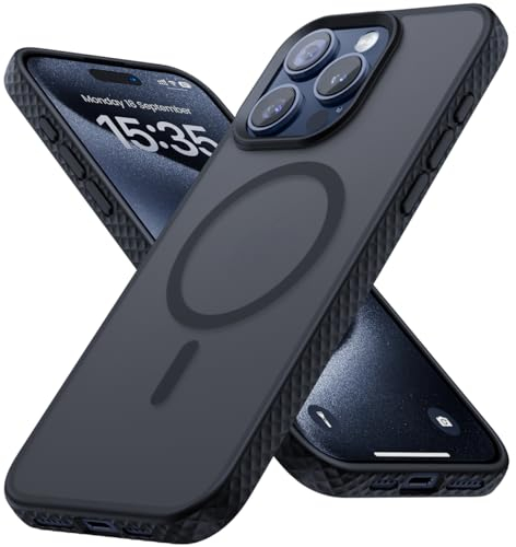 Lamicall Cover Magnetica per iPhone 15 Pro Max - [Super Magnetico] Custodia per iPhone 15 Pro Max per MagSafe, Airbag Protezione de Grado Militare, Anti-graffi, Bordo Antiscivolo - Nero Traslucido
