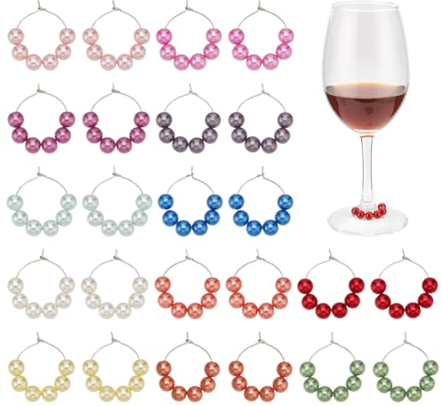 nbeads 24 Stück Weinglas Charms, Imitation Perle mit Acryl Perlen Ringe, Tasse Tag Identifikatoren, Wein Schmuck für Gläser Tumbler Weinprobe Party Geschenk