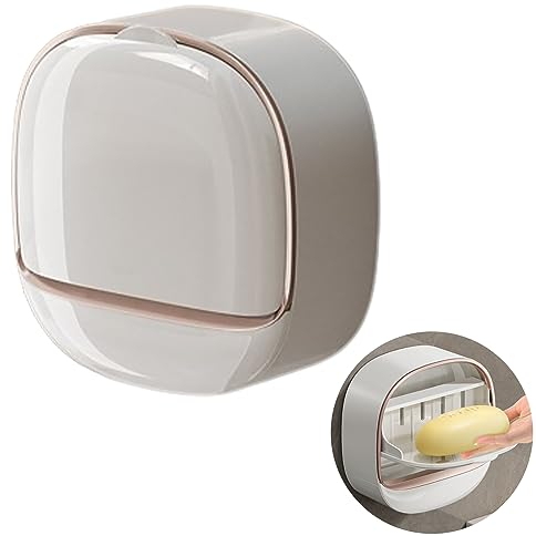 Syfunlv Porte-savons Mural Salle de Bain, Porte-Savon Mural Auto-adhésif Boite Savon, Porte-Savon avec Couvercle, Bac De Vidange Amovible pour Lavabo, Salle de Bain, 4.84 * 1.96 * 4.76in (Blanc)
