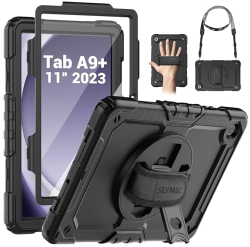 SEYMAC Custodia per Samsung Galaxy Tab A9+ / A9 Plus 11 2023, Custodia Tab A9 Plus con Protezione Schermo Supporto Girevole a 360°/Cinghia da Polso, Tracolla, con Portapenne, Nero