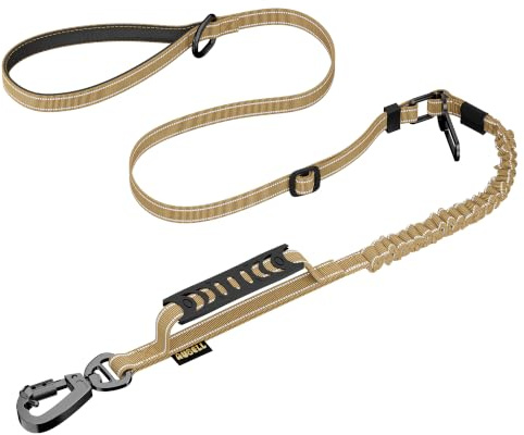 AUBELL Tactical Dog Lead Heavy Duty,4-6ft No Pull Bungee Lead,Brown | Reflective Strong Lead for Medium Large Dogs with Comfortable Padded Double Handle,Car Harness,360 Degree Rotating Carabiner