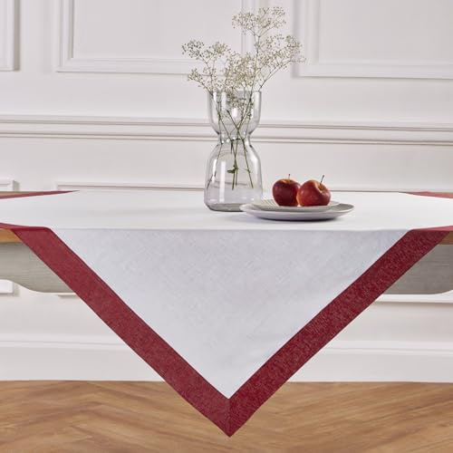 Solino Home Leinentischdecke, 132 x 132 cm, weiß/rot schimmernde Bordüre, dekorative Tischdecke, maschinenwaschbar, quadratisch, Tischüberwurf für Herbst, Erntedankfest, festlicher Rand