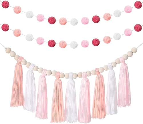 3 Stück Boho Quaste Girlande, Basicon Boho Quaste Garland Quaste Wandbehang Dekor Pastell Quaste Banner mit Holzperlen und 2 Stück Pom Pom Girlande Filzkugel Girlande für Haus und Außendekoration