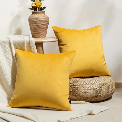 Phantoscope Dekorative Dekokissenbezüge aus Samt, weich, massiv, quadratisch, für Couch, Senfgelb, 45 x 45 cm, 2 Stück